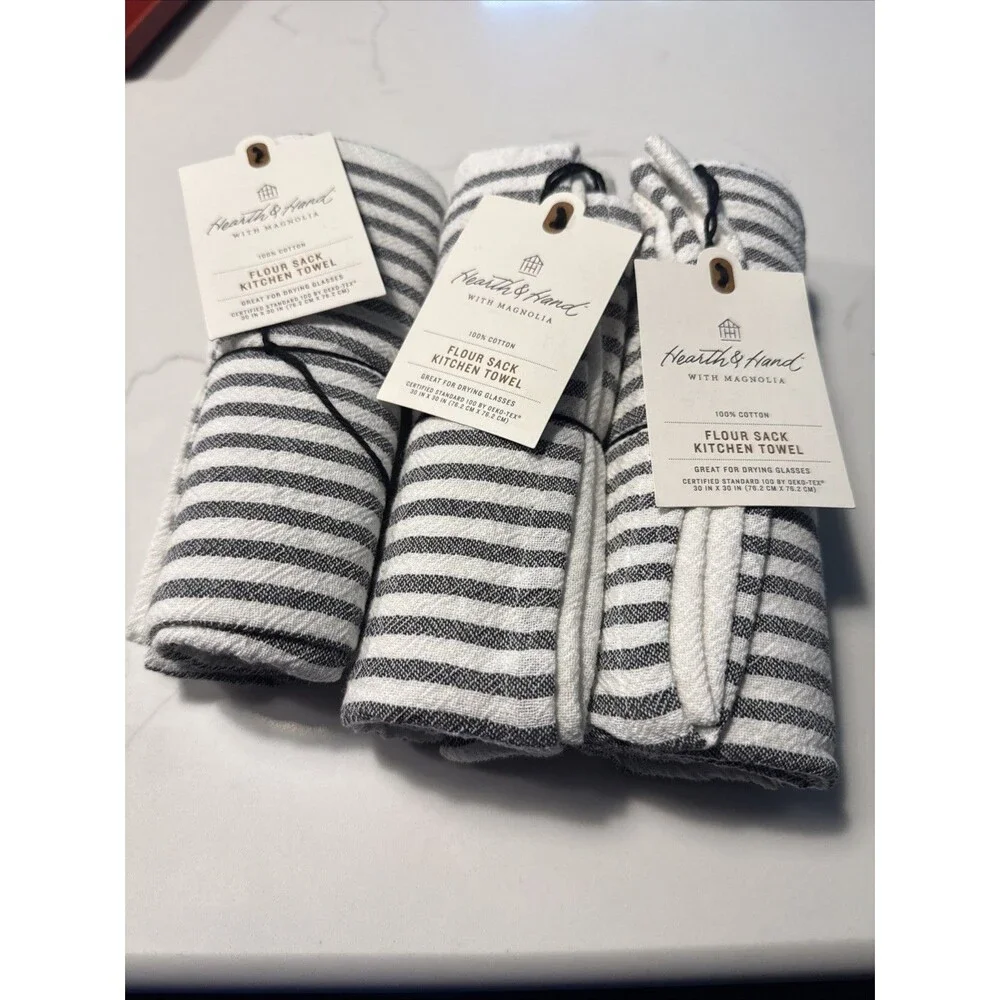 x3 Magnolia Hearth Hand Kitchen Flour Sack Dish Towel Stripe Charcoal Gray ⬜️